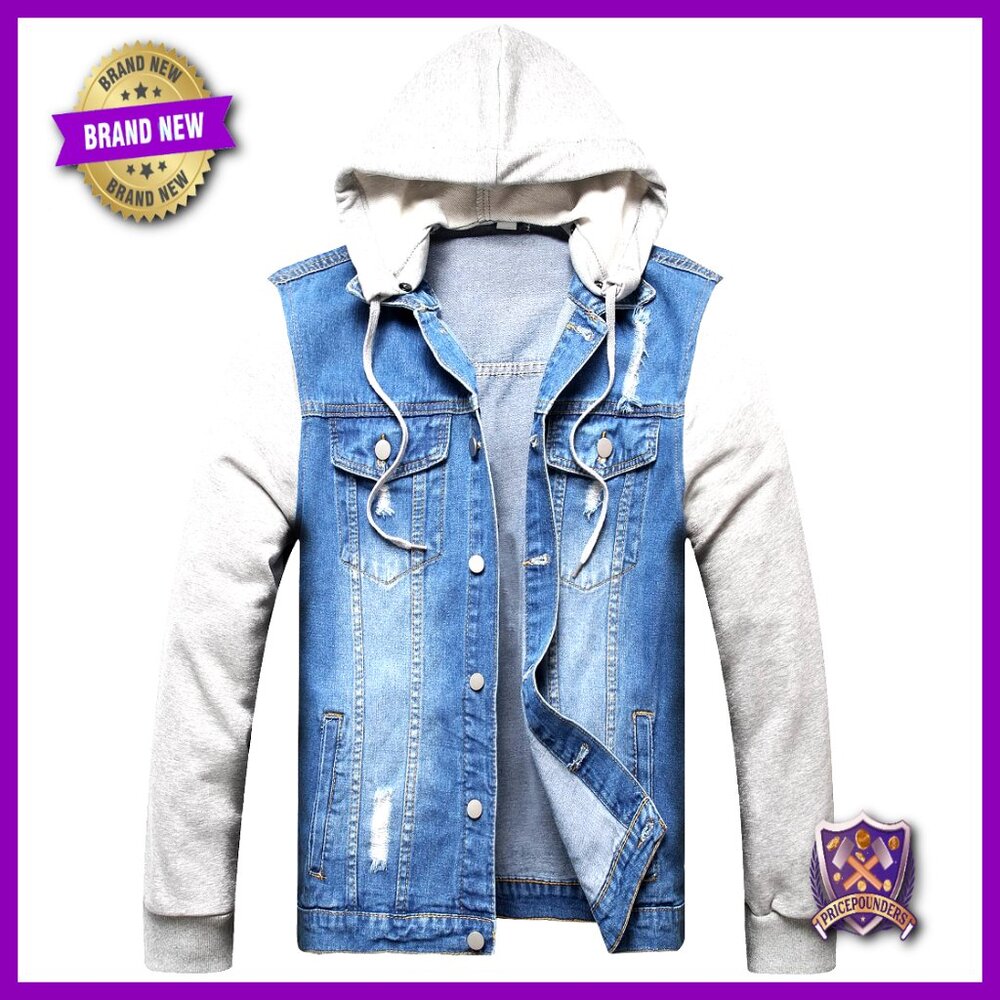 Slim Fit Denim Jacket With Detachable Hood Casual Lightweight Men's Outerwear